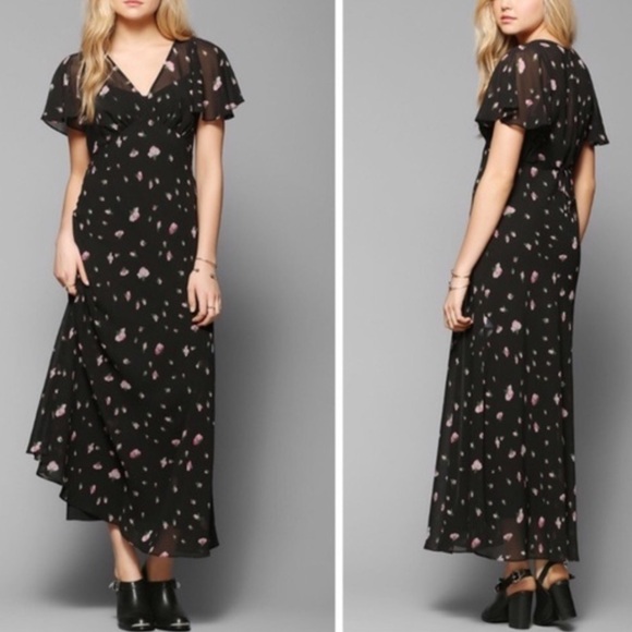 Betsey Johnson X Urban Outfitters Black Floral Flutter Sleeve Maxi Dress Size 4 - Picture 3 of 10